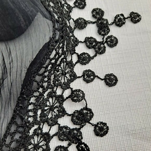 Shawl Sheer Tassel Black Swirl Ribbon Shoulder Cover Triangle 18x74 - Picture 4 of 7